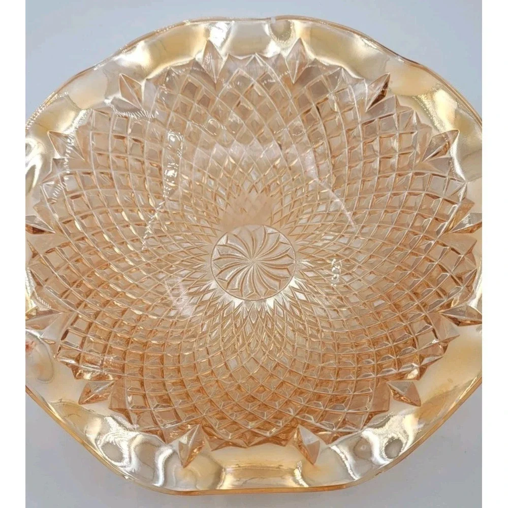 Vintage 1940s Indiana Glass Orange Carnival Glass Ruffled Diamond Point Bowl 11
